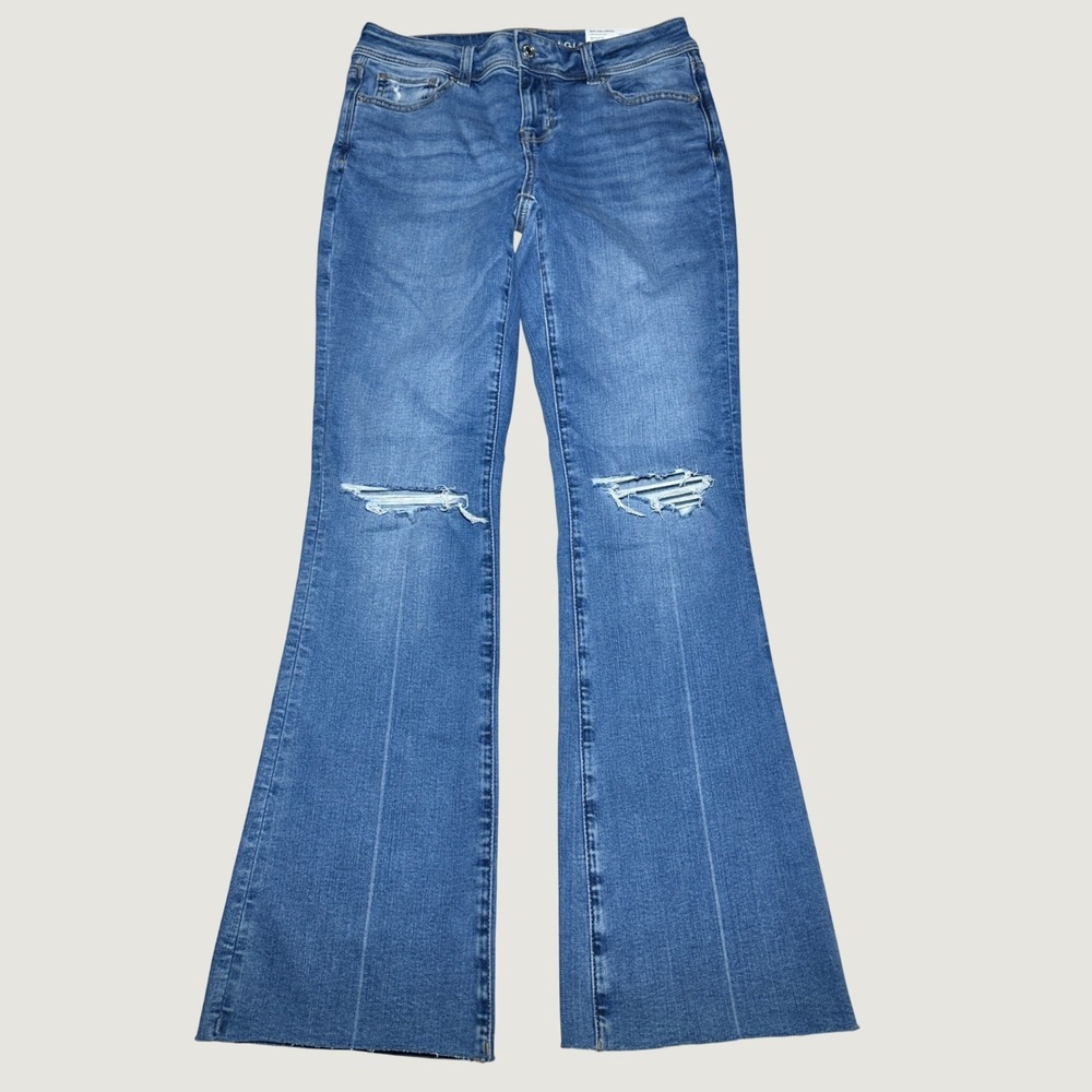 NEW American Eagle Kick Boot Jeans Womens 4 Low-Rise Distressed Raw Hem Blue
